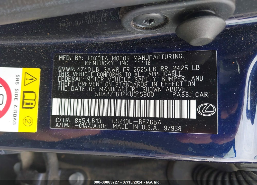 2019 LEXUS ES 350 LUXURY VIN: 58ABZ1B17KU015900