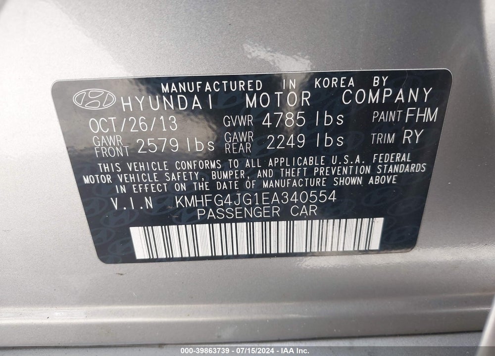 2014 HYUNDAI AZERA VIN: KMHFG4JG1EA340554