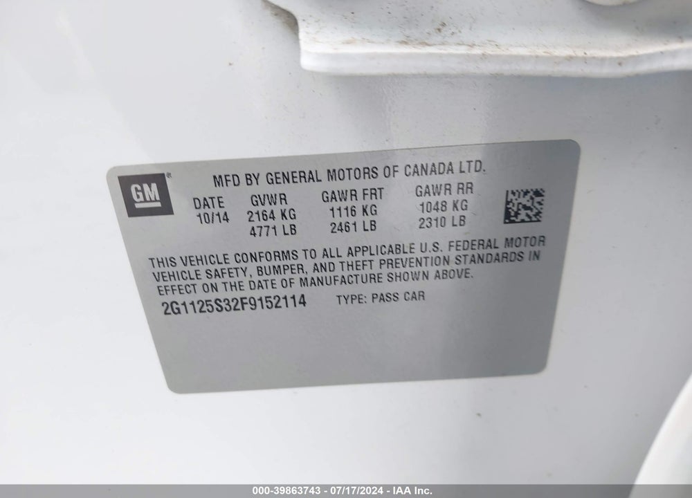 2015 CHEVROLET IMPALA 2LT VIN: 2G1125S32F9152114