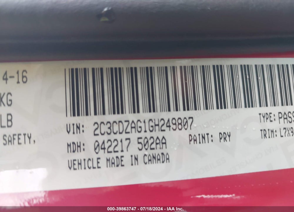 2016 DODGE CHALLENGER SXT VIN: 2C3CDZAG1GH249807