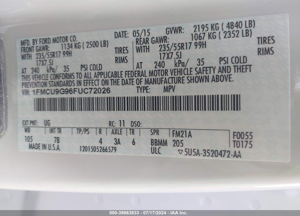 2015 FORD ESCAPE SE VIN: 1FMCU9G96FUC72026