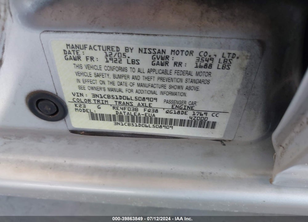 2006 NISSAN SENTRA 1.8S VIN: 3N1CB51D06L508909
