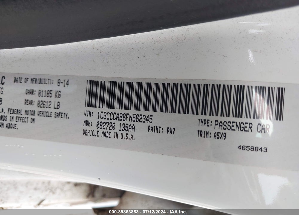 2015 CHRYSLER 200 LIMITED VIN: 1C3CCCAB6FN562345