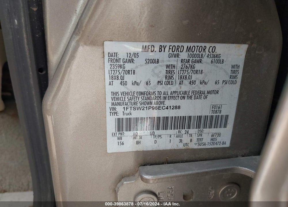 2006 FORD F-250 LARIAT/XL/XLT VIN: 1FTSW21P96EC41288