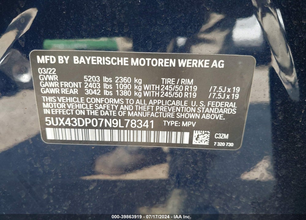 2022 BMW X3 SDRIVE30I VIN: 5UX43DP07N9L78341