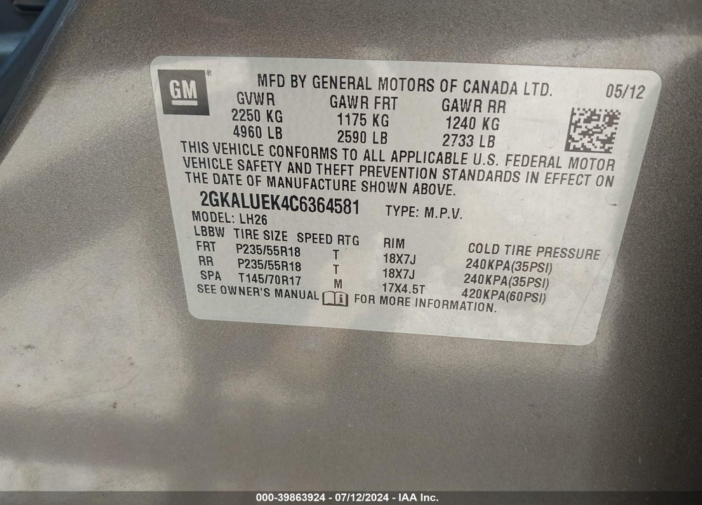 2012 GMC TERRAIN SLT-1 VIN: 2GKALUEK4C6364581