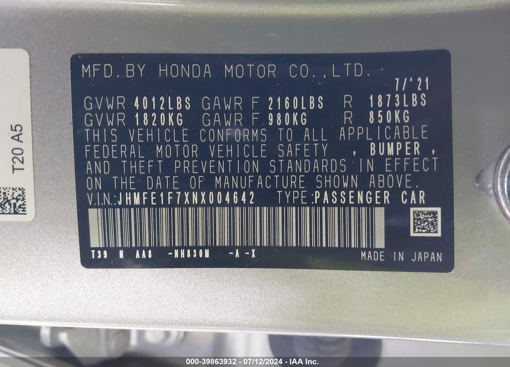 2022 HONDA CIVIC VIN: JHMFE1F7XNX004642