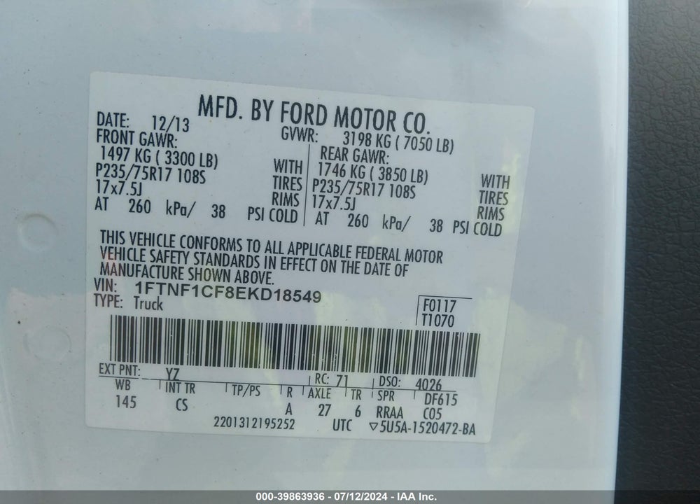2014 FORD F-150 XL VIN: 1FTNF1CF8EKD18549