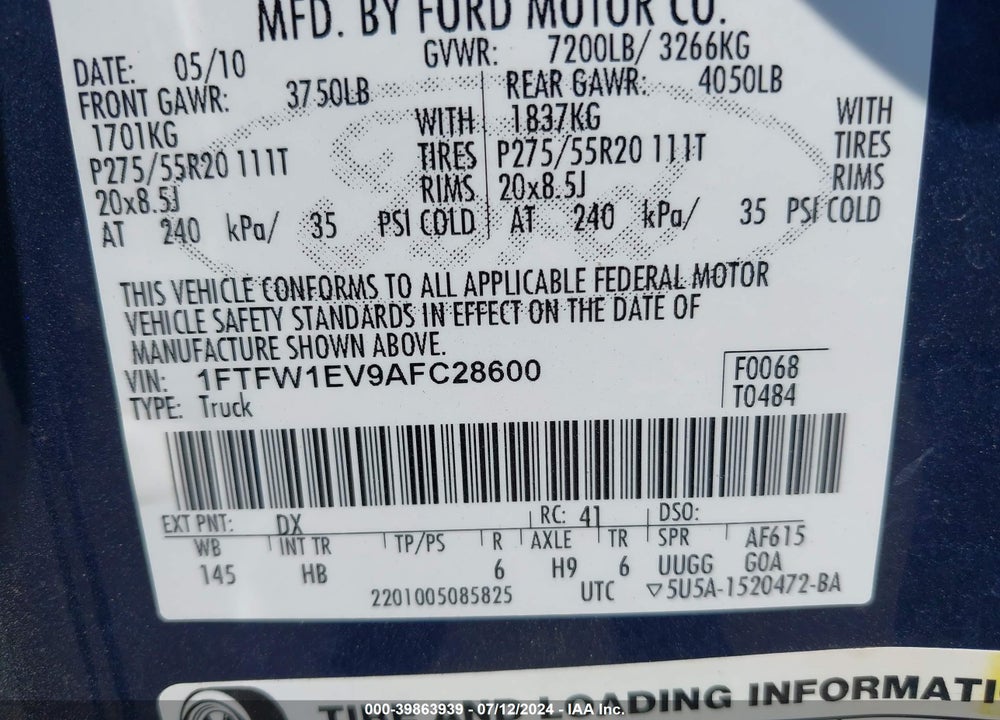 2010 FORD F-150 FX4/HARLEY-DAVIDSON/KING RANCH/LARIAT/PLATINUM/XL/XLT VIN: 1FTFW1EV9AFC28600