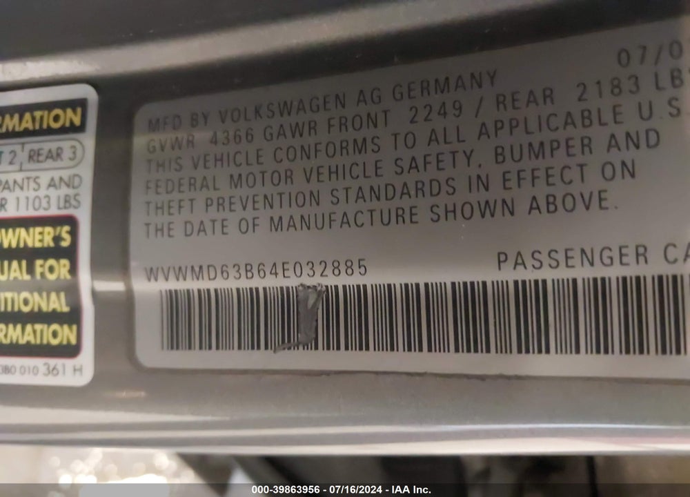 2004 VOLKSWAGEN PASSAT GL VIN: WVWMD63B64E032885
