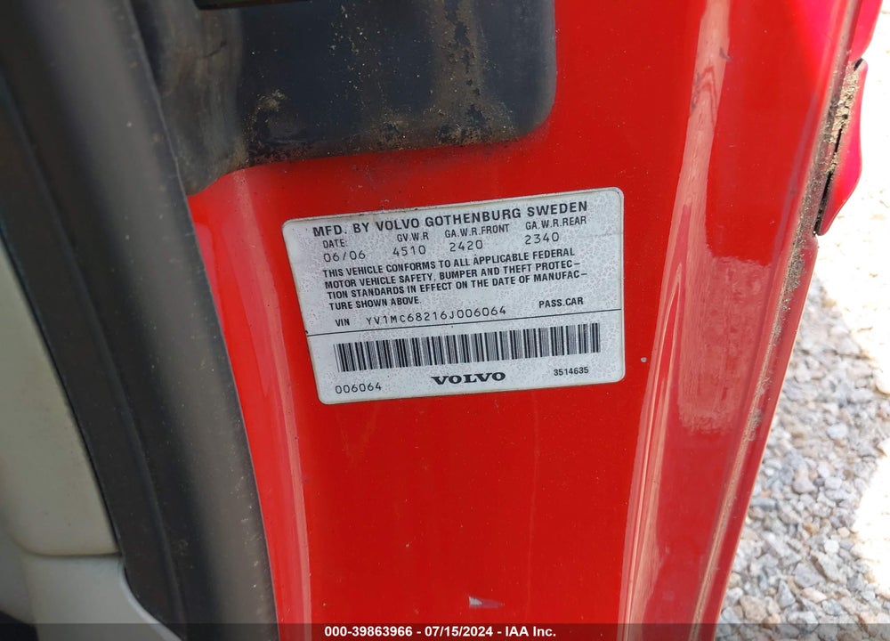 2006 VOLVO C70 T5 VIN: YV1MC68216J006064