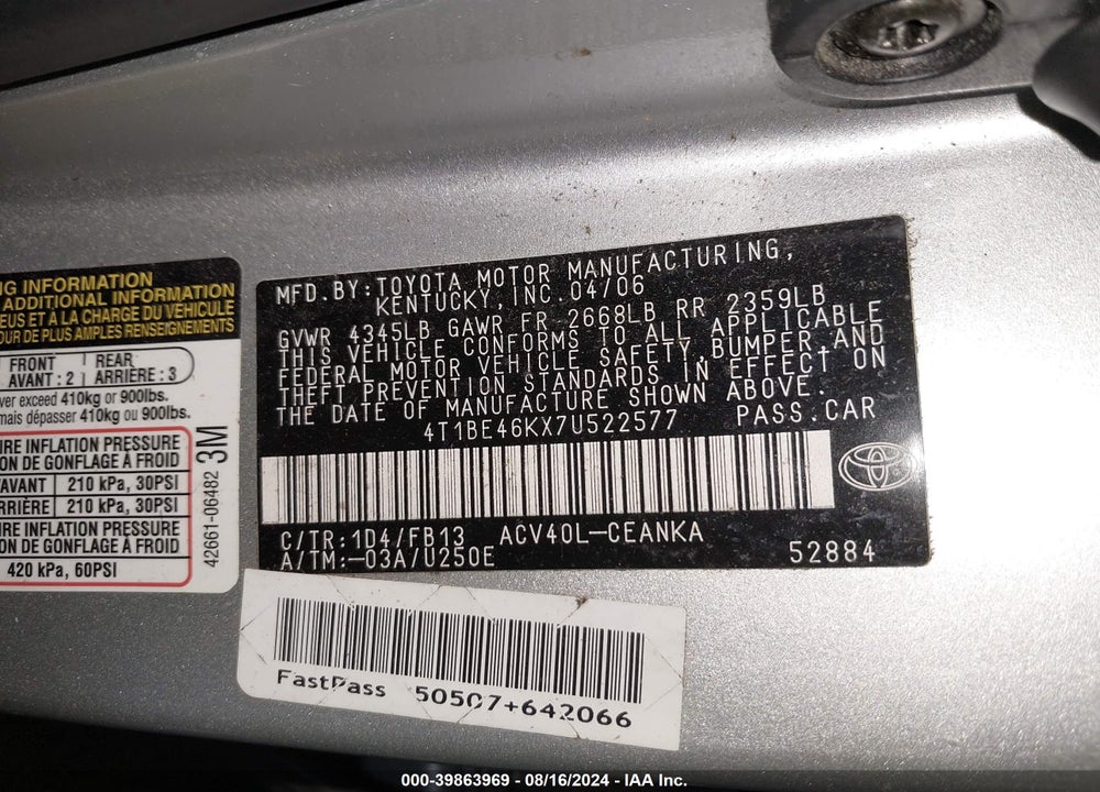 2007 TOYOTA CAMRY LE VIN: 4T1BE46KX7U522577