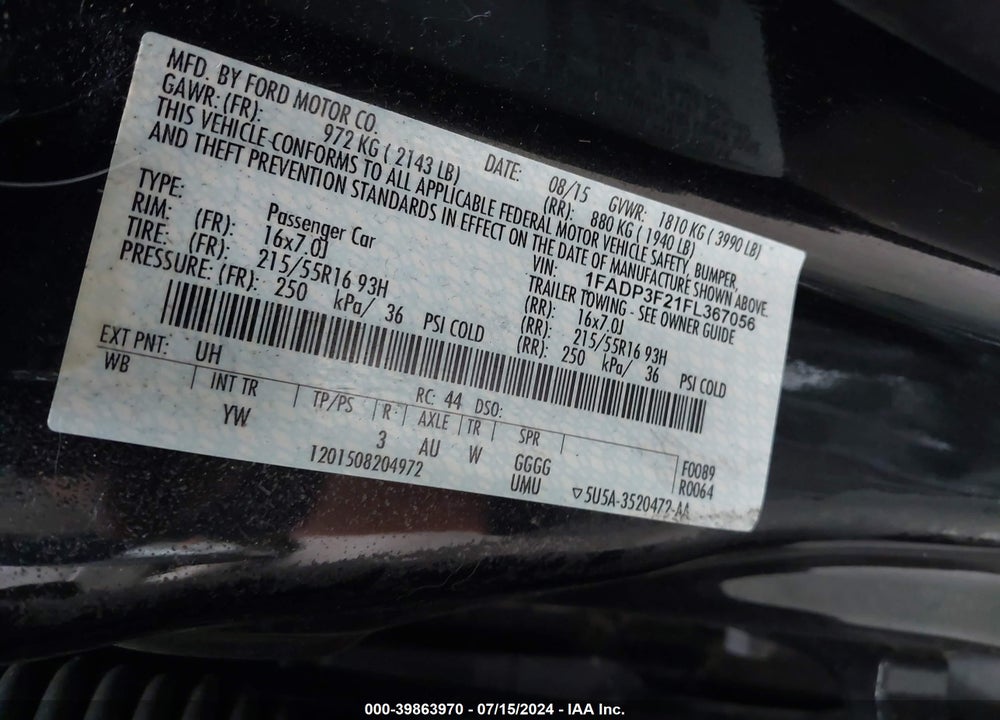 2015 FORD FOCUS SE VIN: 1FADP3F21FL367056