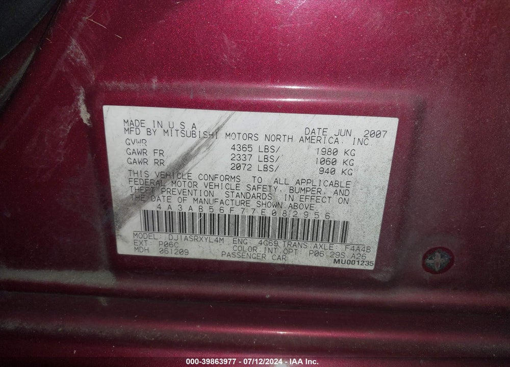 2007 MITSUBISHI GALANT ES VIN: 4A3AB56F77E082956
