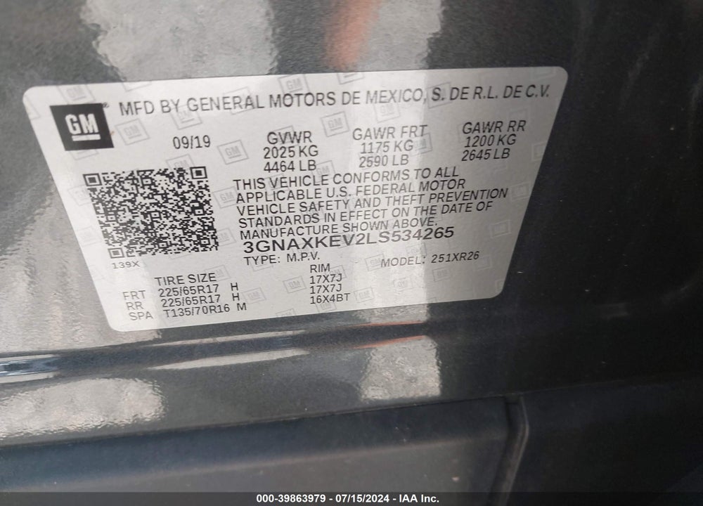 2020 CHEVROLET EQUINOX FWD LT 1.5L TURBO VIN: 3GNAXKEV2LS534265
