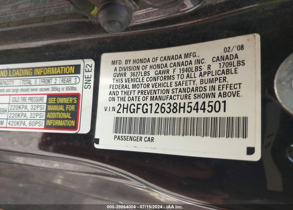 2008 HONDA CIVIC LX VIN: 2HGFG12638H544501
