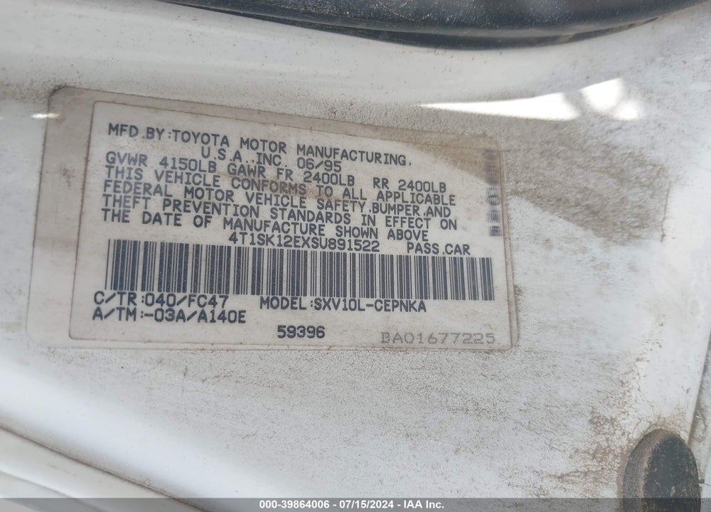 1995 TOYOTA CAMRY LE VIN: 4T1SK12EXSU891522
