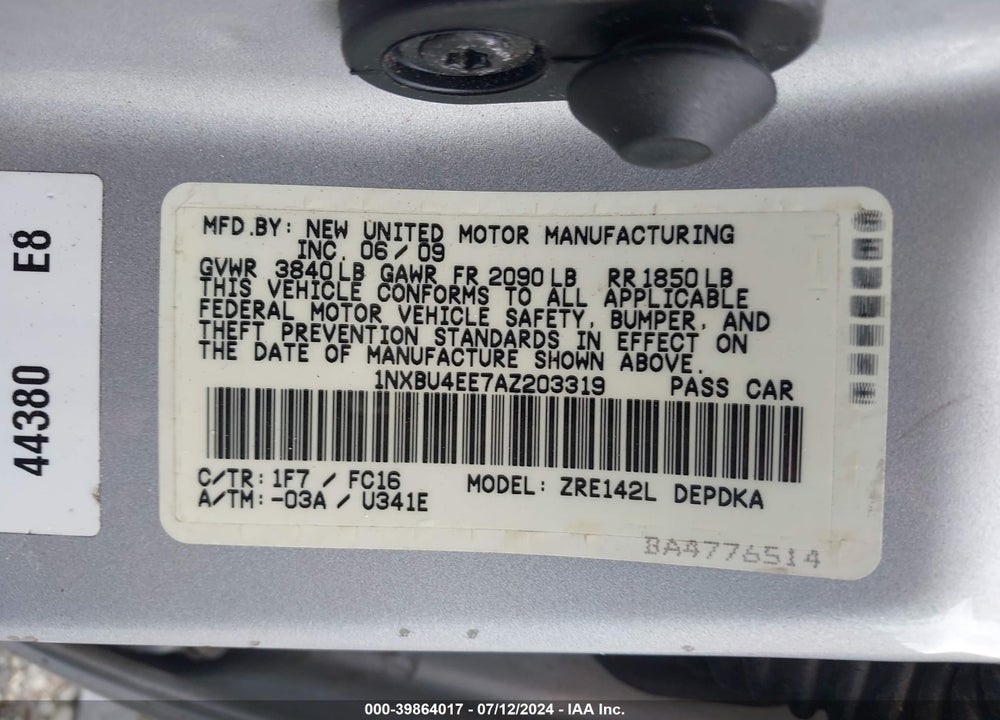 2010 TOYOTA COROLLA LE VIN: 1NXBU4EE7AZ203319