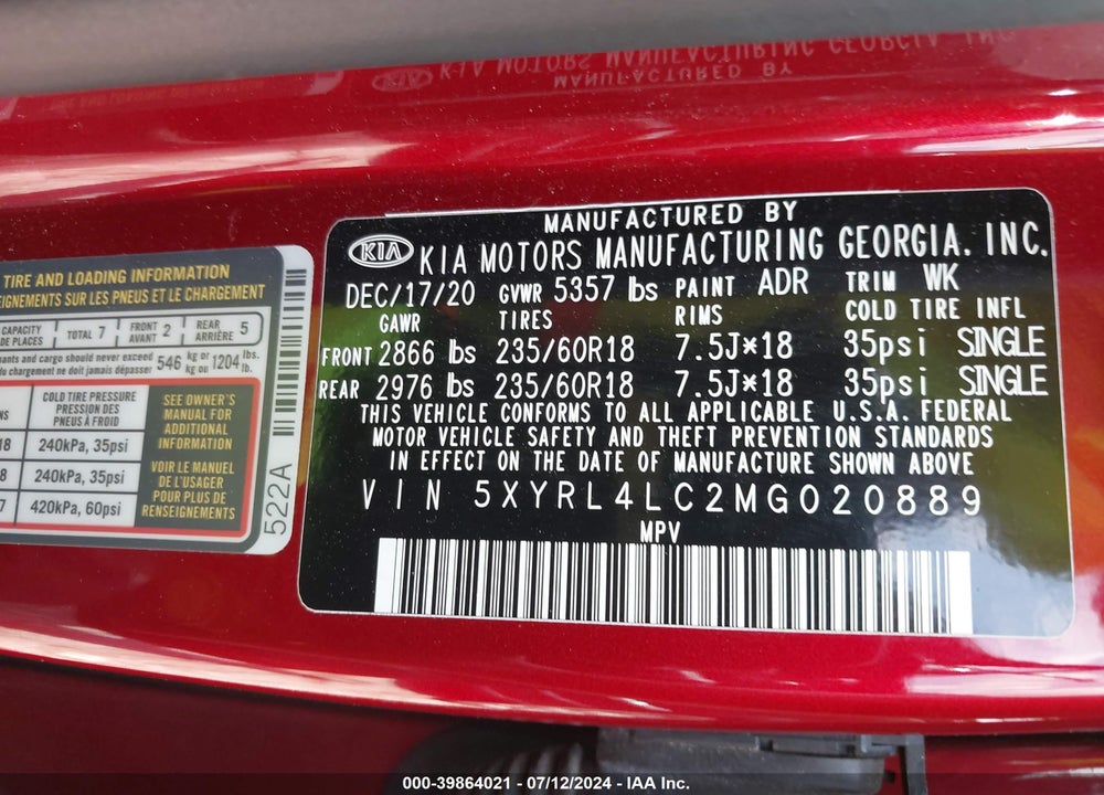 2021 KIA SORENTO S VIN: 5XYRL4LC2MG020889