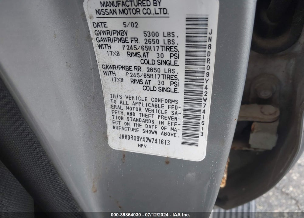 2002 NISSAN PATHFINDER LE/SE VIN: JN8DR09Y42W741613