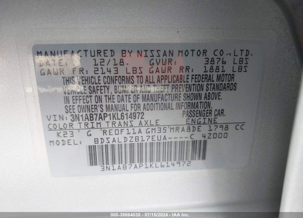 2019 NISSAN SENTRA SV VIN: 3N1AB7AP1KL614972