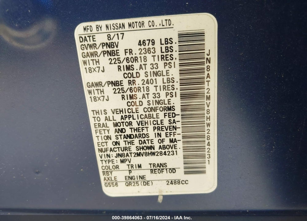 2017 NISSAN ROGUE SL VIN: JN8AT2MV8HW284231