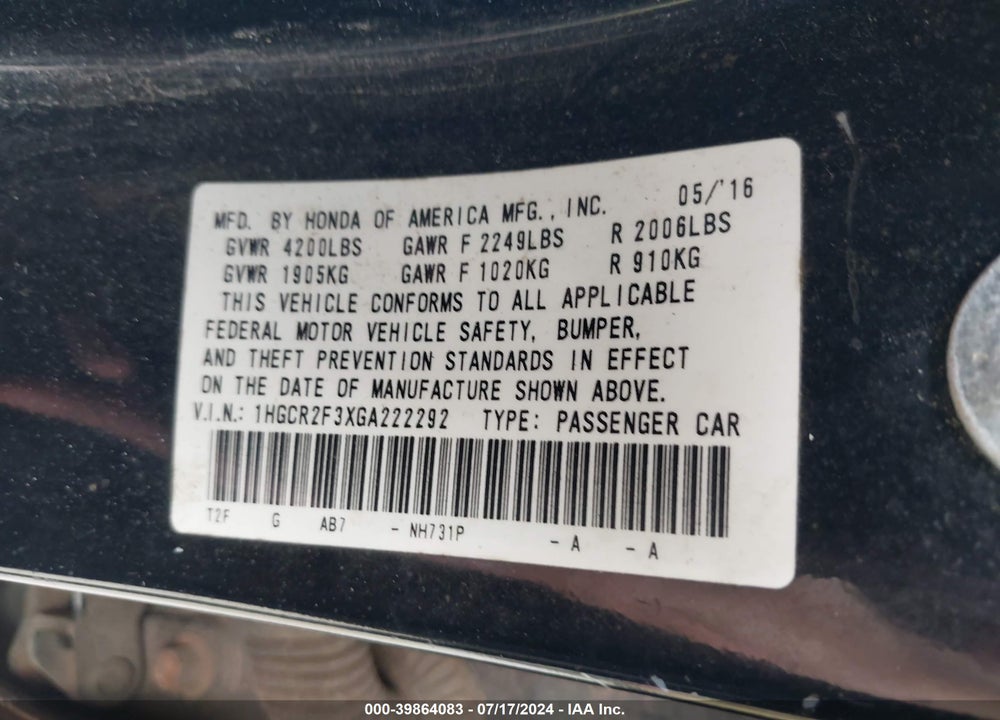 2016 HONDA ACCORD LX VIN: 1HGCR2F3XGA222292