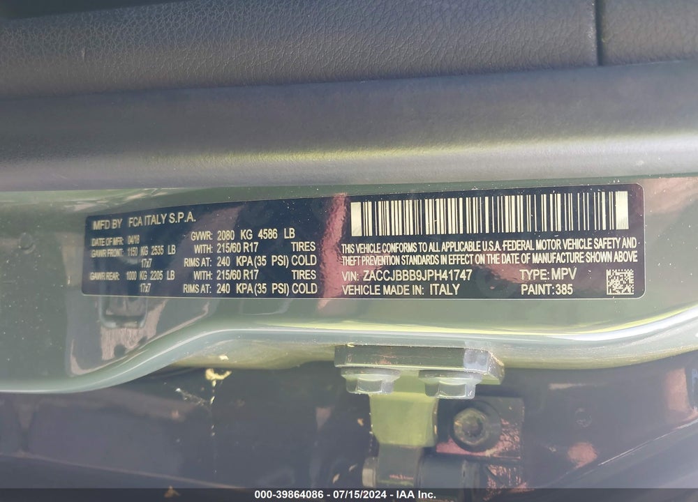 2018 JEEP RENEGADE LATITUDE 4X4 VIN: ZACCJBBB9JPH41747