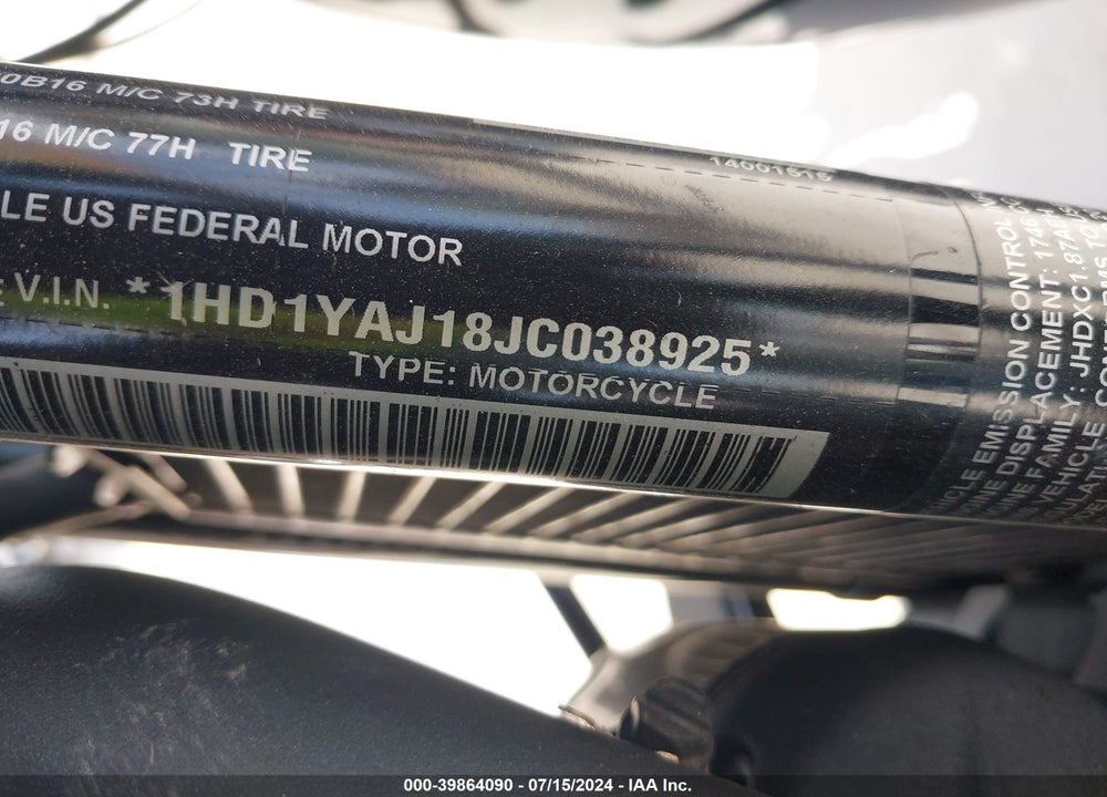 2018 HARLEY-DAVIDSON FLHC HERITAGE CLASSIC VIN: 1HD1YAJ18JC038925