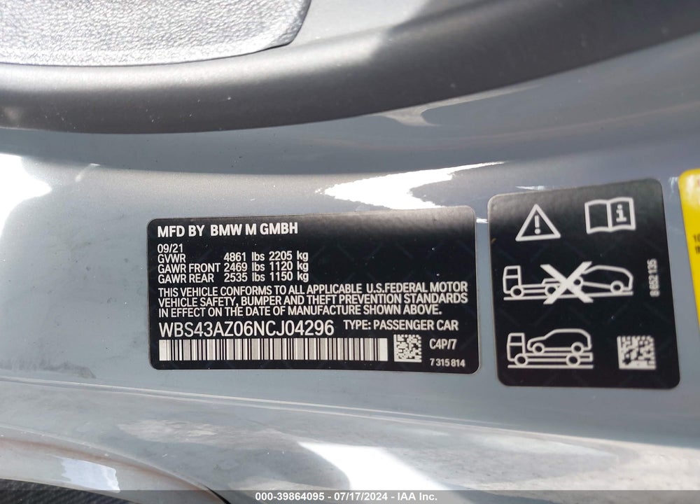 2022 BMW M4 COMPETITION XDRIVE VIN: WBS43AZ06NCJ04296