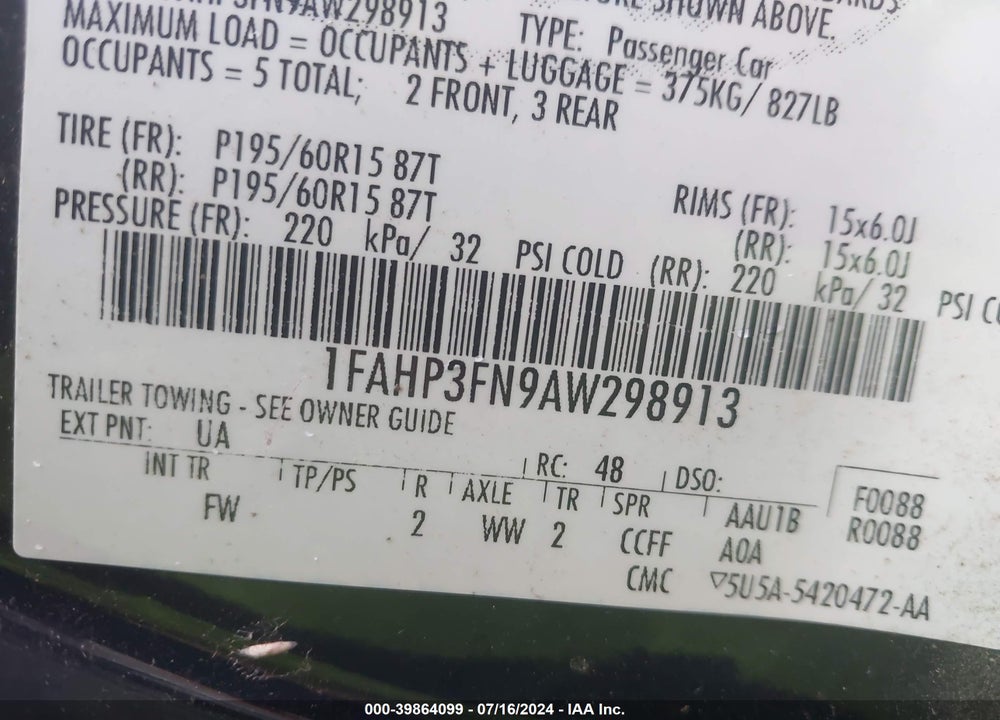 2010 FORD FOCUS SE VIN: 1FAHP3FN9AW298913