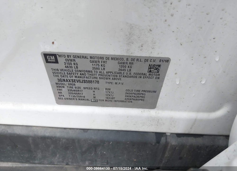 2018 CHEVROLET EQUINOX LT VIN: 3GNAXSEV6JS588178