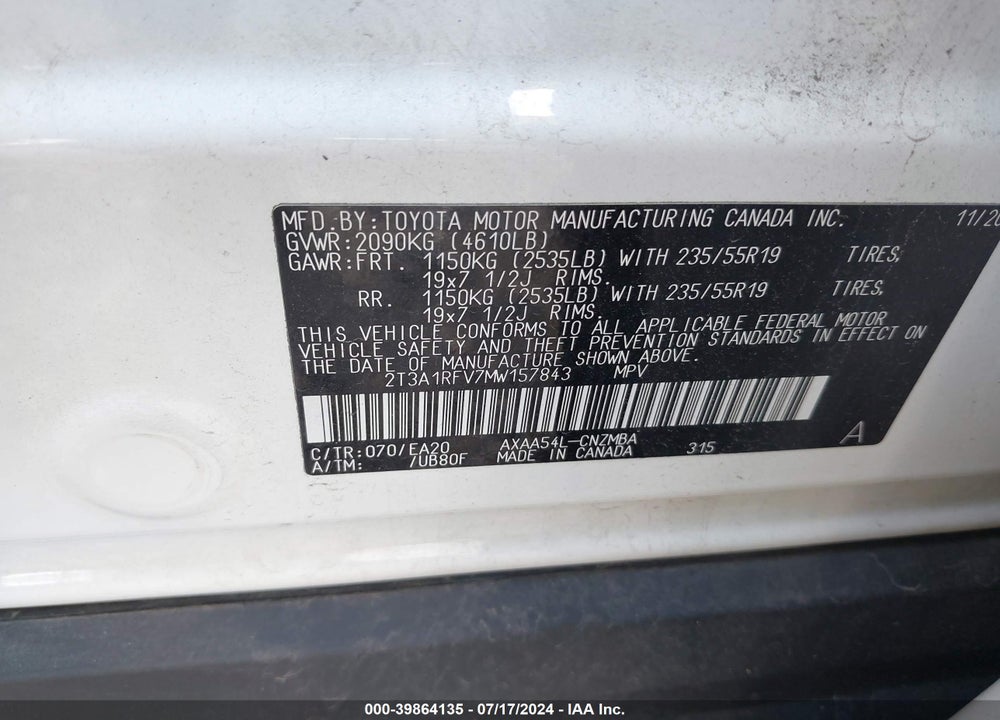 2021 TOYOTA RAV4 XLE PREMIUM VIN: 2T3A1RFV7MW157843