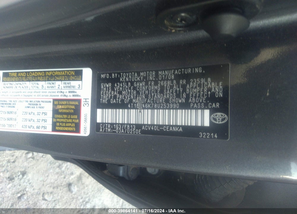 2008 TOYOTA CAMRY VIN: 4T1BE46K78U253990