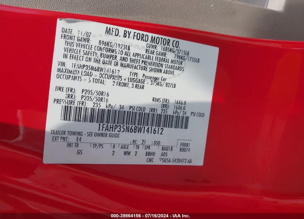 2008 FORD FOCUS SE/SES VIN: 1FAHP35N68W141612