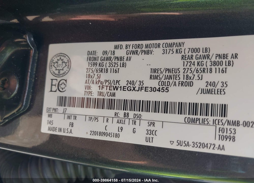 2018 FORD F-150 XLT VIN: 1FTEW1EGXJFE30455