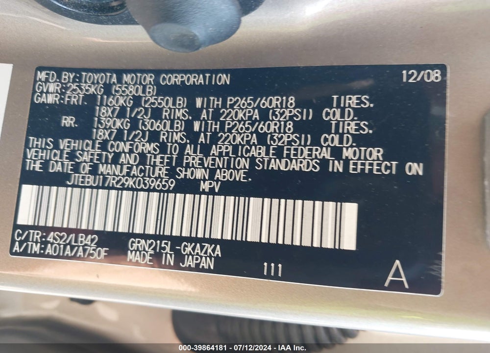2009 TOYOTA 4RUNNER LIMITED V6 VIN: JTEBU17R29K039659