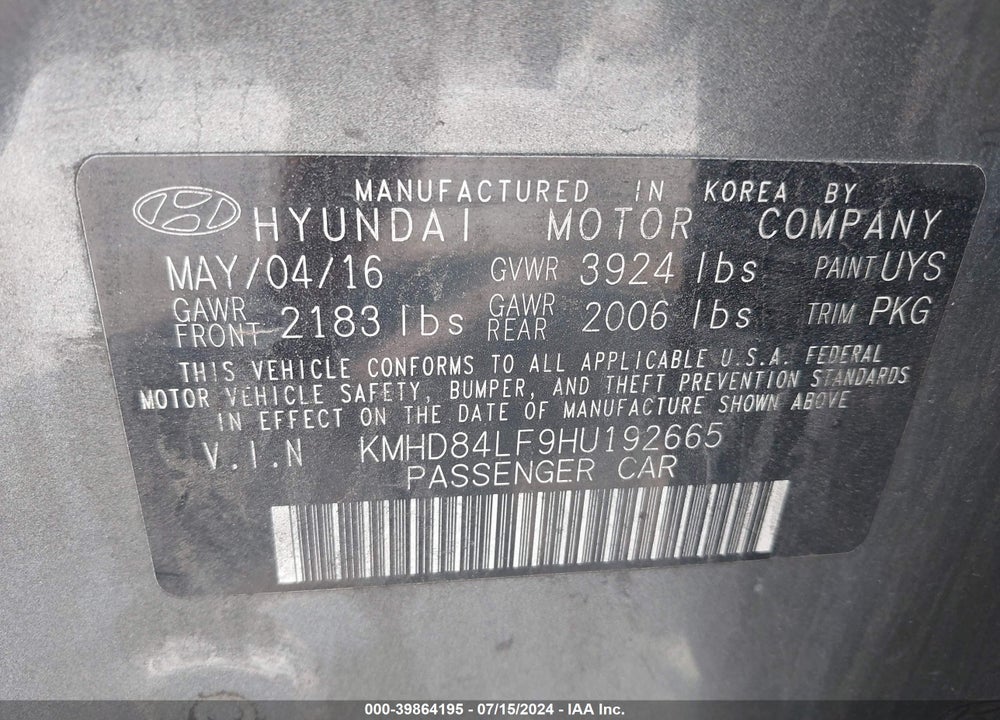 2017 HYUNDAI ELANTRA SE VIN: KMHD84LF9HU192665