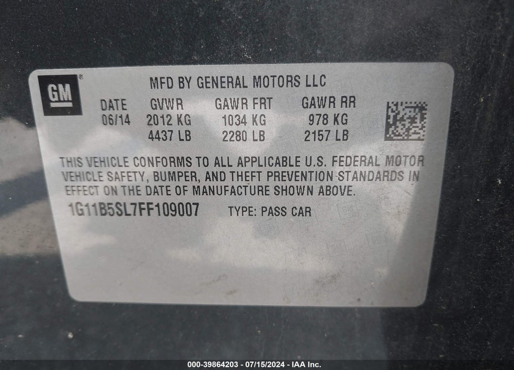 2015 CHEVROLET MALIBU LS VIN: 1G11B5SL7FF109007