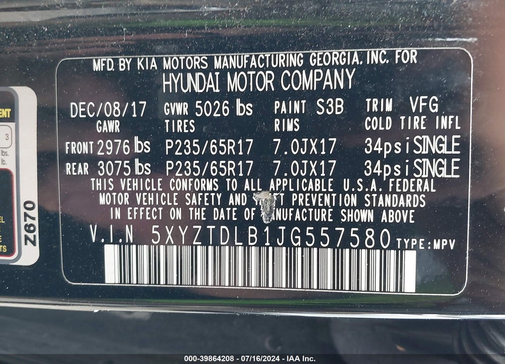 2018 HYUNDAI SANTA FE SPORT 2.4L VIN: 5XYZTDLB1JG557580