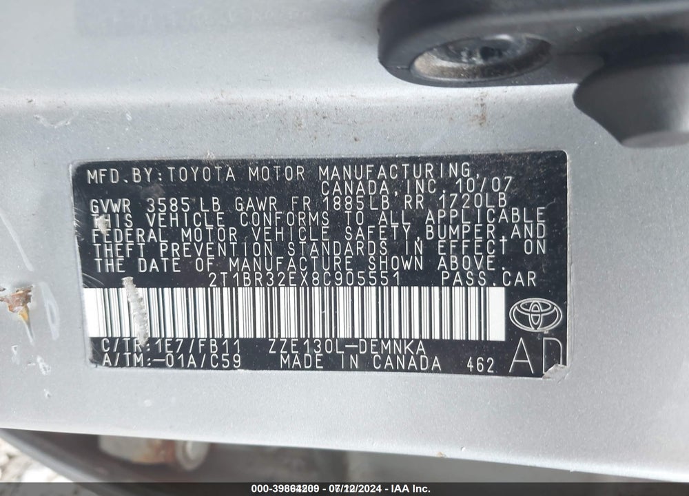 2008 TOYOTA COROLLA LE VIN: 2T1BR32EX8C905551