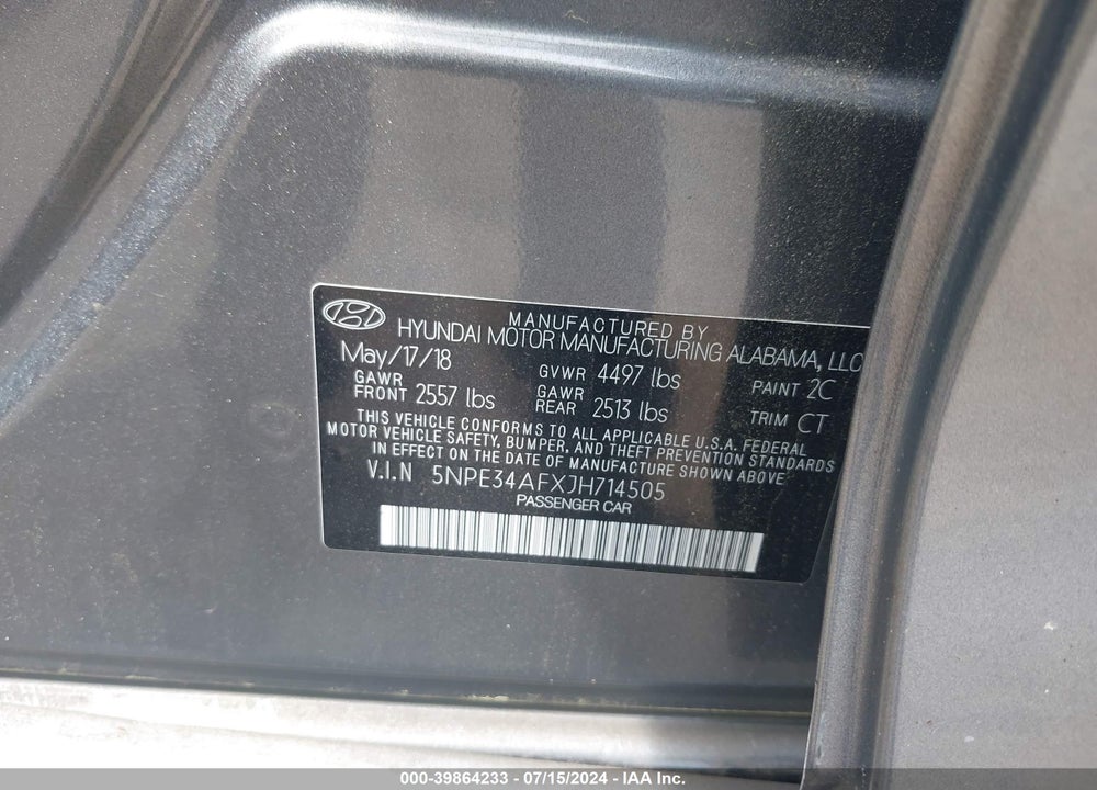 2018 HYUNDAI SONATA SEL VIN: 5NPE34AFXJH714505