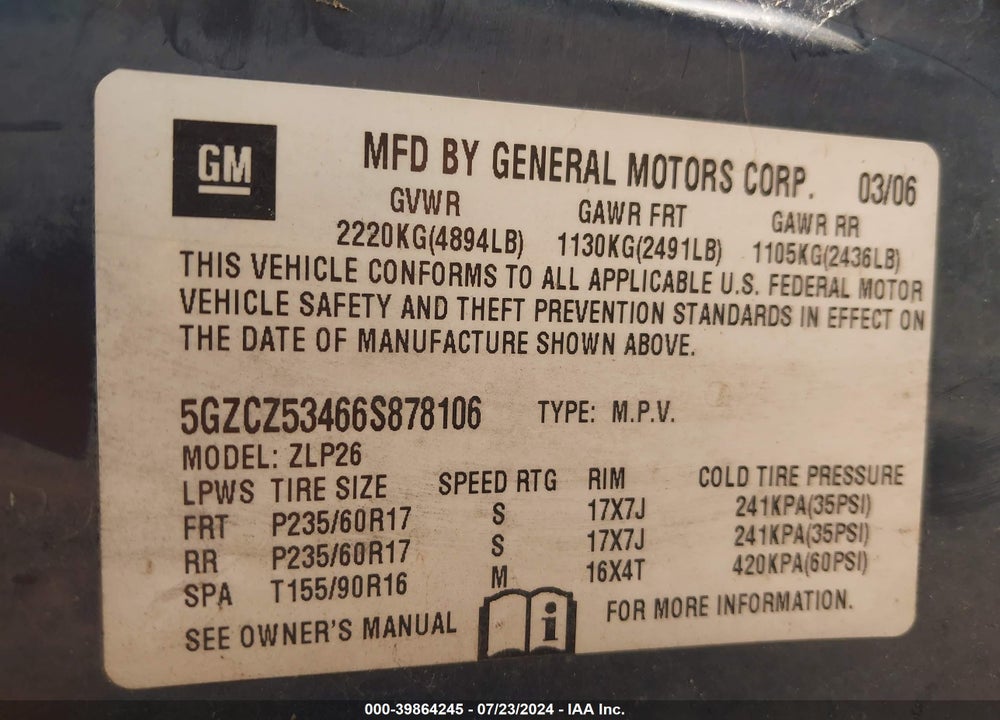 2006 SATURN VUE V6 VIN: 5GZCZ53466S878106