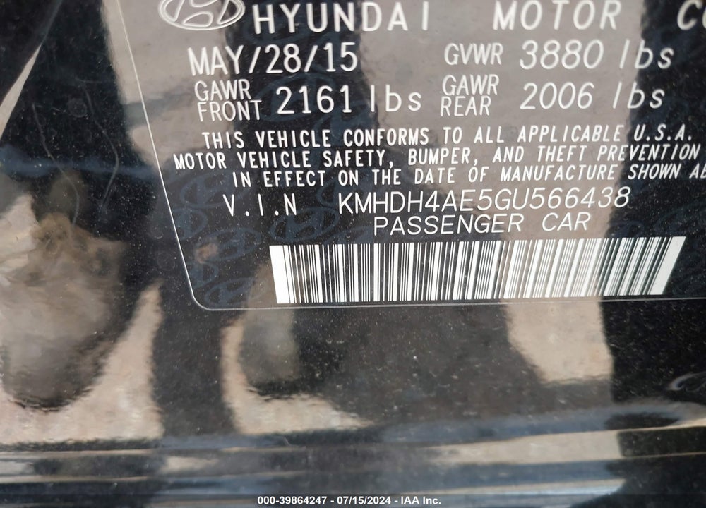 2016 HYUNDAI ELANTRA VALUE EDITION VIN: KMHDH4AE5GU566438