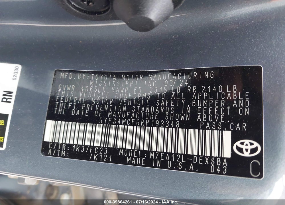 2024 TOYOTA COROLLA SE VIN: 5YFS4MCE6RP193348