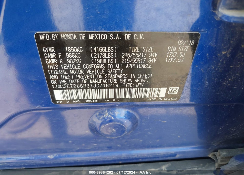 2018 HONDA HR-V LX VIN: 3CZRU6H37JG716219