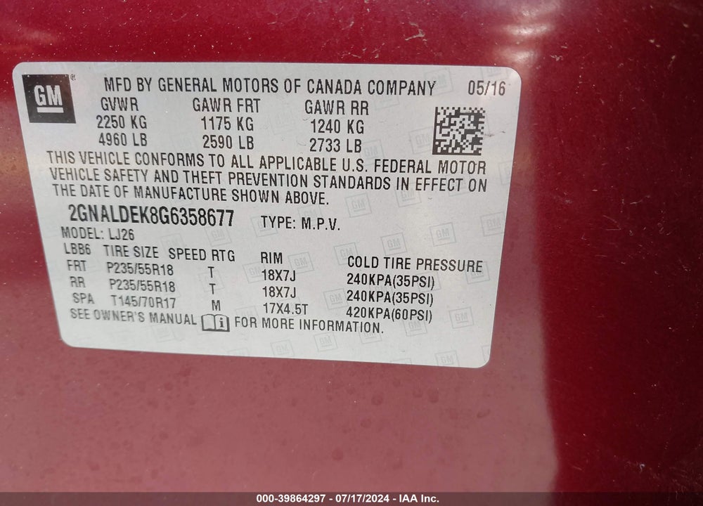 2016 CHEVROLET EQUINOX LTZ VIN: 2GNALDEK8G6358677
