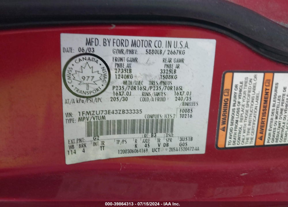 2003 FORD EXPLORER VIN: 1FMZU73E43ZB33335