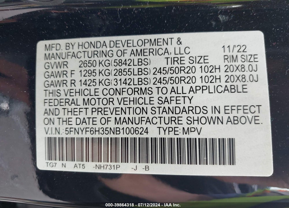 2022 HONDA PILOT AWD SPORT VIN: 5FNYF6H35NB100624