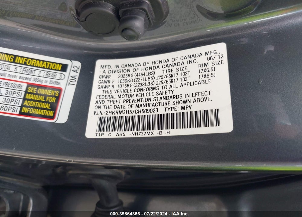 2012 HONDA CR-V EX VIN: 2HKRM3H57CH509023